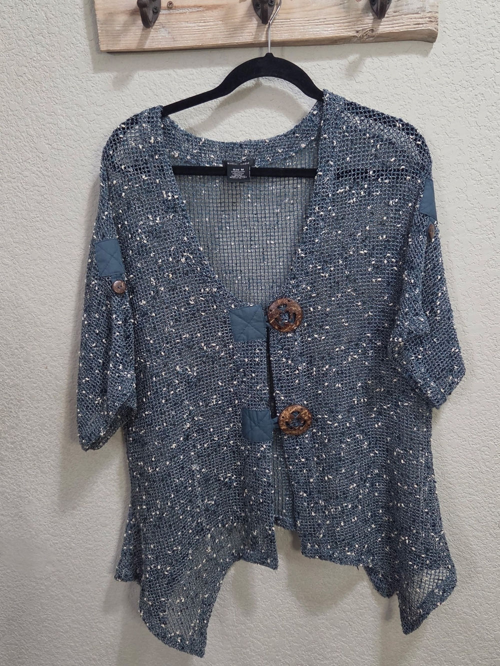 Blue Speckled Open-Knit Button Cardigan Sweater